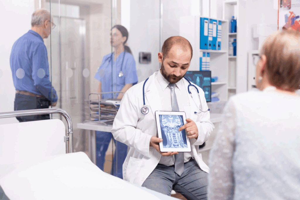 especialista en salud explicando el diagnostico de mujer mayor de trauma braing en tablet pc