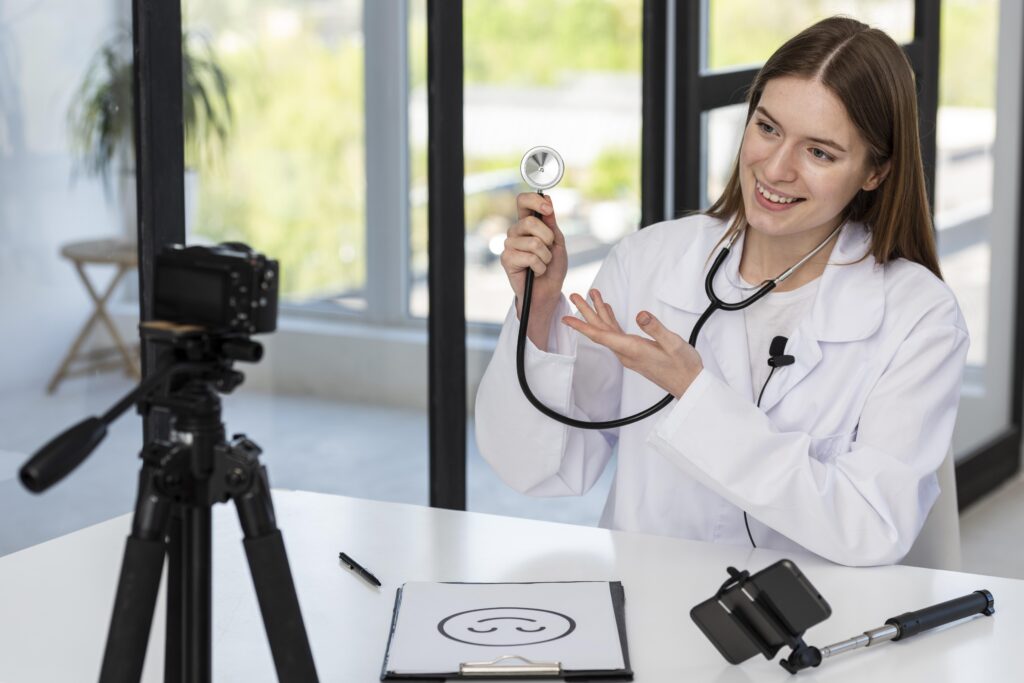 blogger recording video with medical equipment