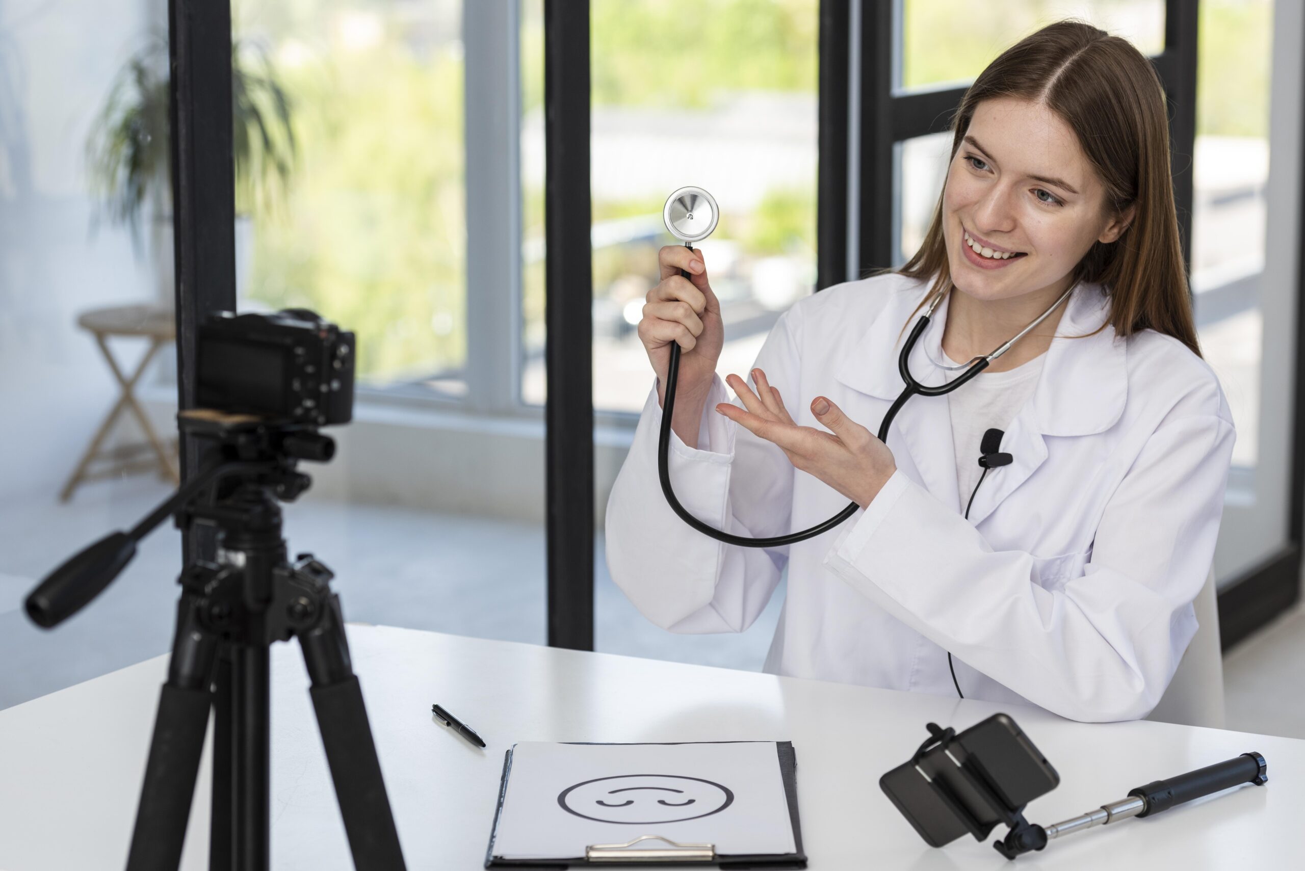 blogger recording video with medical equipment