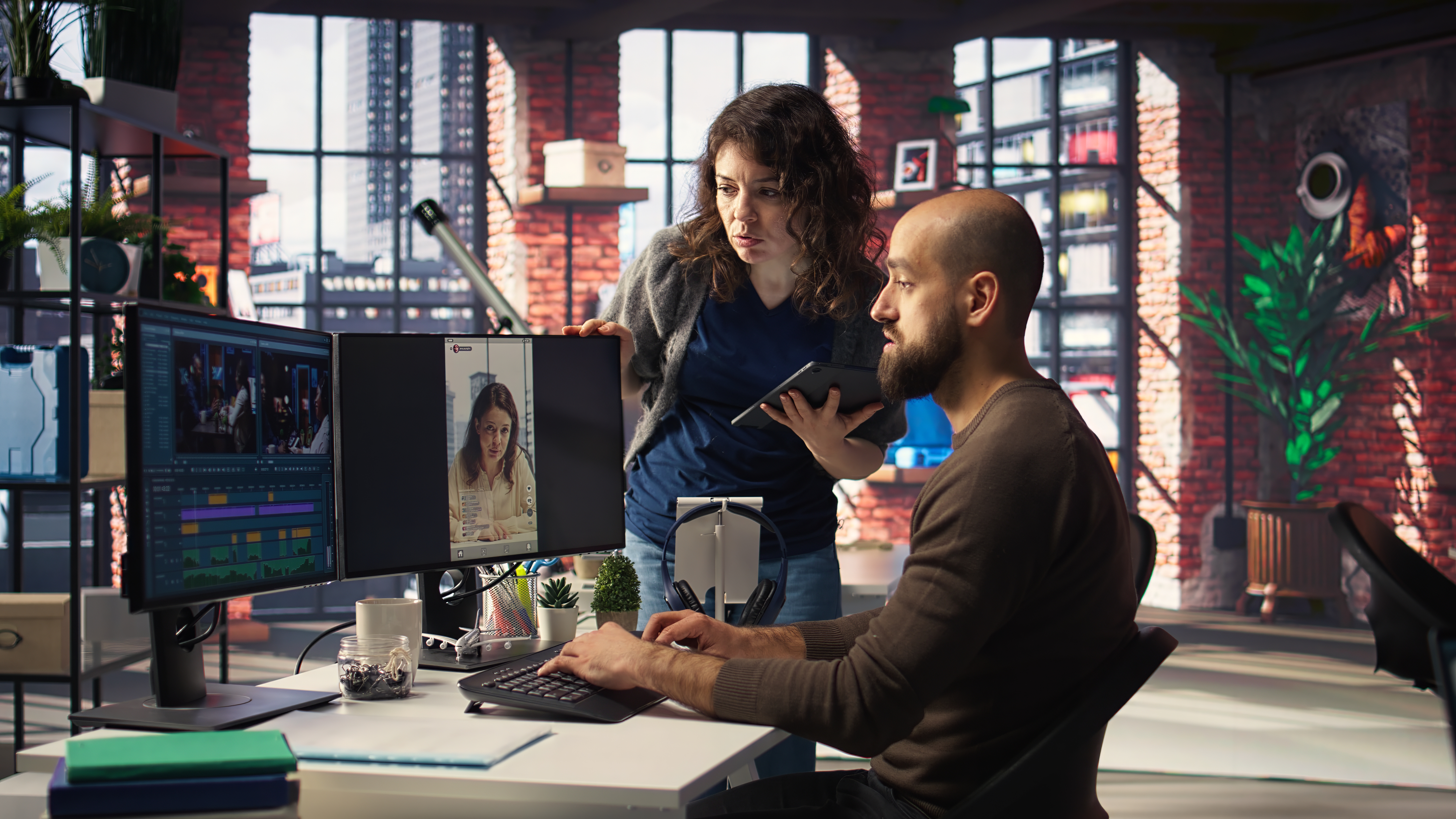 Professional editor uses AI powered software and PC reels in a creative office